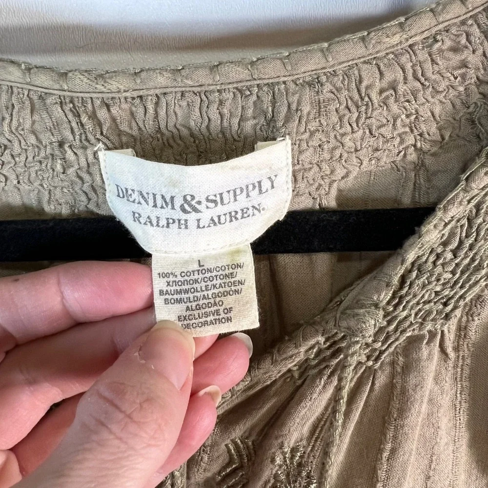 Denim & Supply Ralph Lauren Khaki Green Embroidered Cotton Peasant Blouse Large - Picture 5 of 9